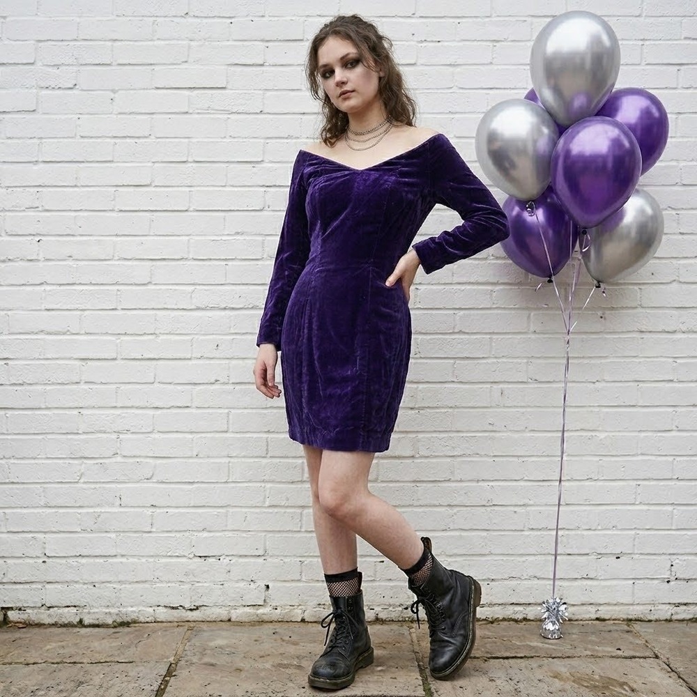 Purple Velvet Mini Dress‎ Womens 4 Long Sleeve VTG Evening Gown Grad Goth Punk